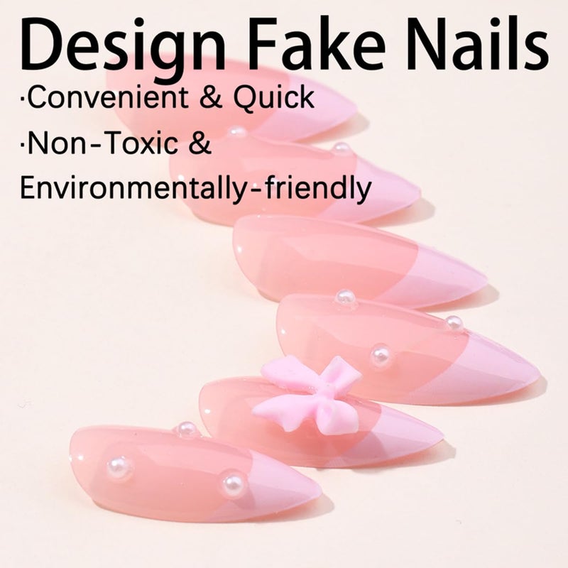 OSTTMA 24Pcs French Press on Nails Almond Fake Nail Cute Pink False Nails with Bow Pearl Design Pink French Tip Acrylic Nails Luxury Glue on Nail Full Cover Artificial Nails for Women Manicure Accessories - Image 3